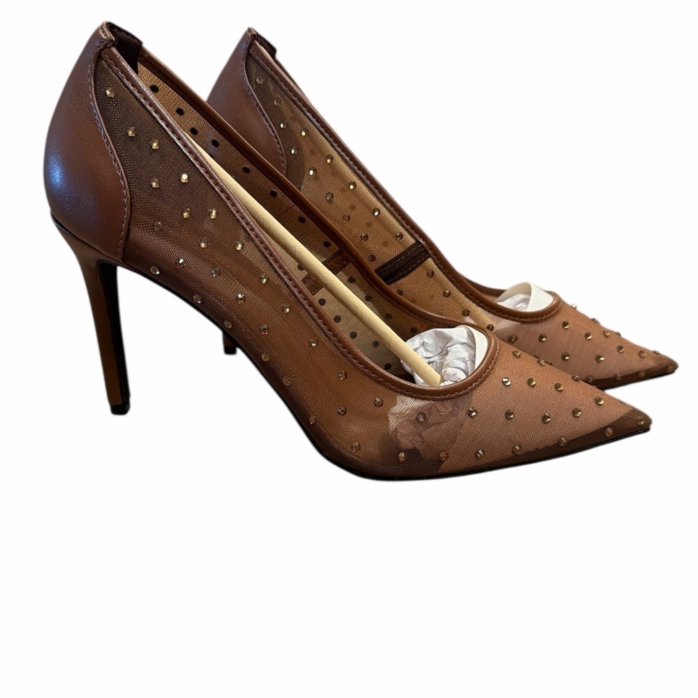 Anne Michelle Mesh Heels Size 10 Brown Studded Detail Pointed Toe Slip On NEW - Picture 4 of 12